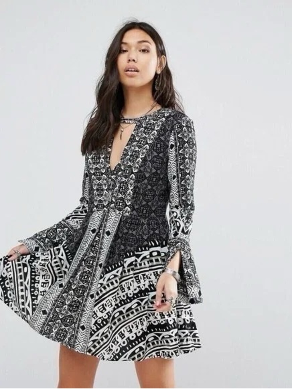 Free People Tegan Printed Border Bell Sleeve Mini Dress - Size 6